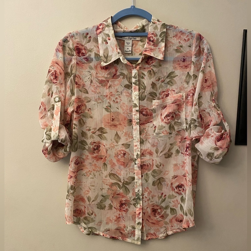 American Rag womens Floral Button Down Shirt - Pink and White